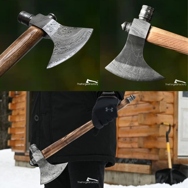 Two bushcraft axes with wooden handles and metal blades, one held by a person in a black coat and leather glove against a wooden cabin background.