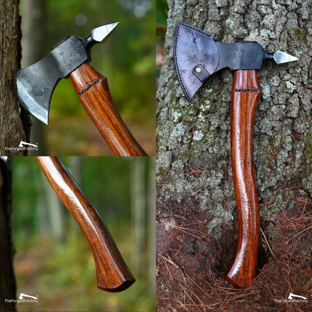 Wooden-handled axe against a tree with close-up details