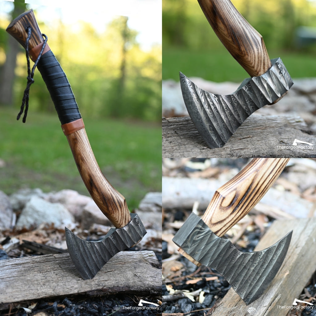 Two views of a axe with a wooden handle and metal head on a natural background.