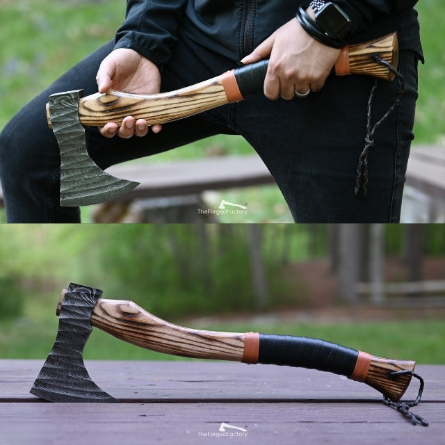 Person holding a wooden-handled axe with leather grip or leather sheath outdoors, followed by a close-up of the axe on a wooden surface.