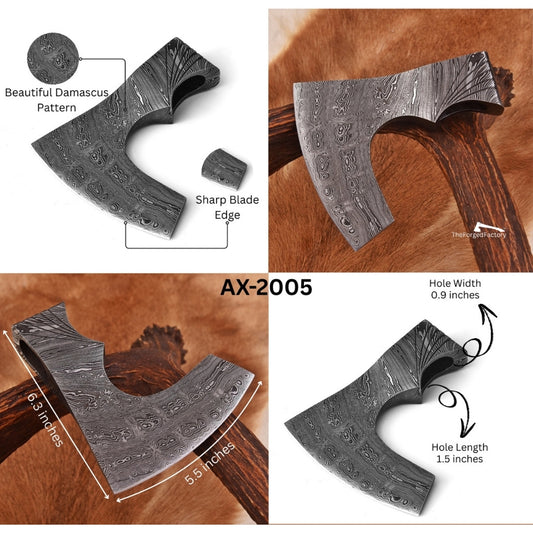 Detailed view of a Damascus-pattern axe head with measurements and features highlighted.