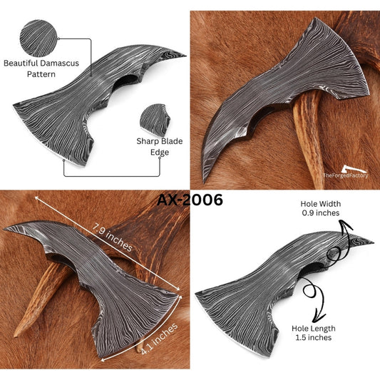 Detailed view of a Damascus-pattern axe head with measurements and features highlighted.