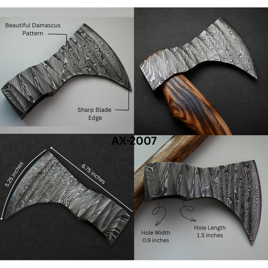 Detailed view of a Damascus-pattern axe with labeled features on a dark background