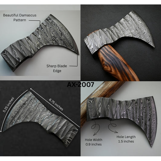 Detailed view of a Damascus-pattern axe head with measurements and features highlighted.