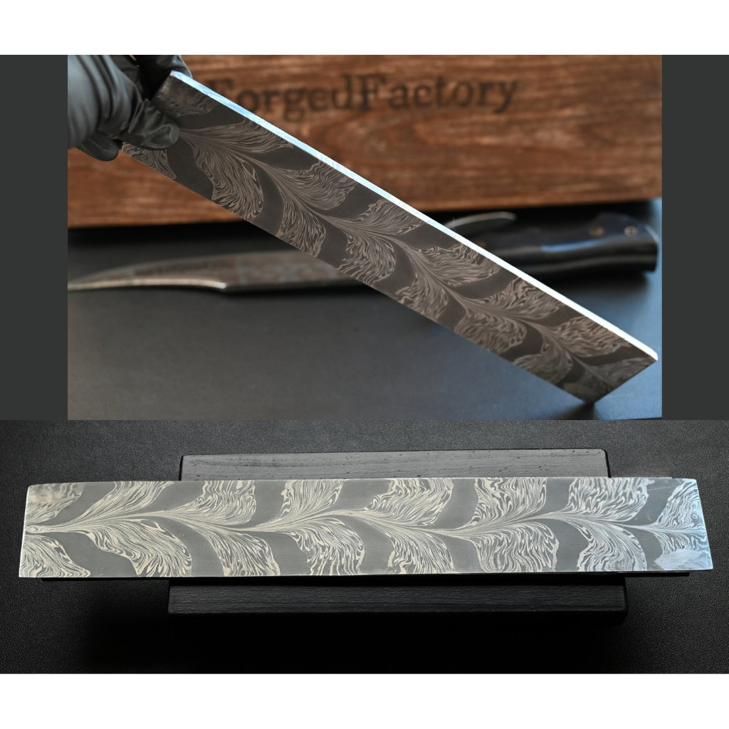Decorative knife with engraved blade on a dark surface, branded 'ForgedFactory'.