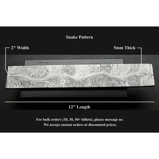 Damascus billet block with snake pattern, dimensions labeled, on a black background, showing width, thickness, and length.