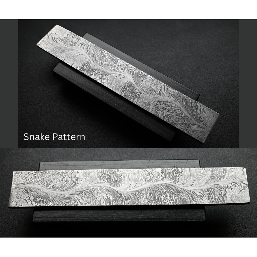 Two metal strips with snake pattern design on a black background