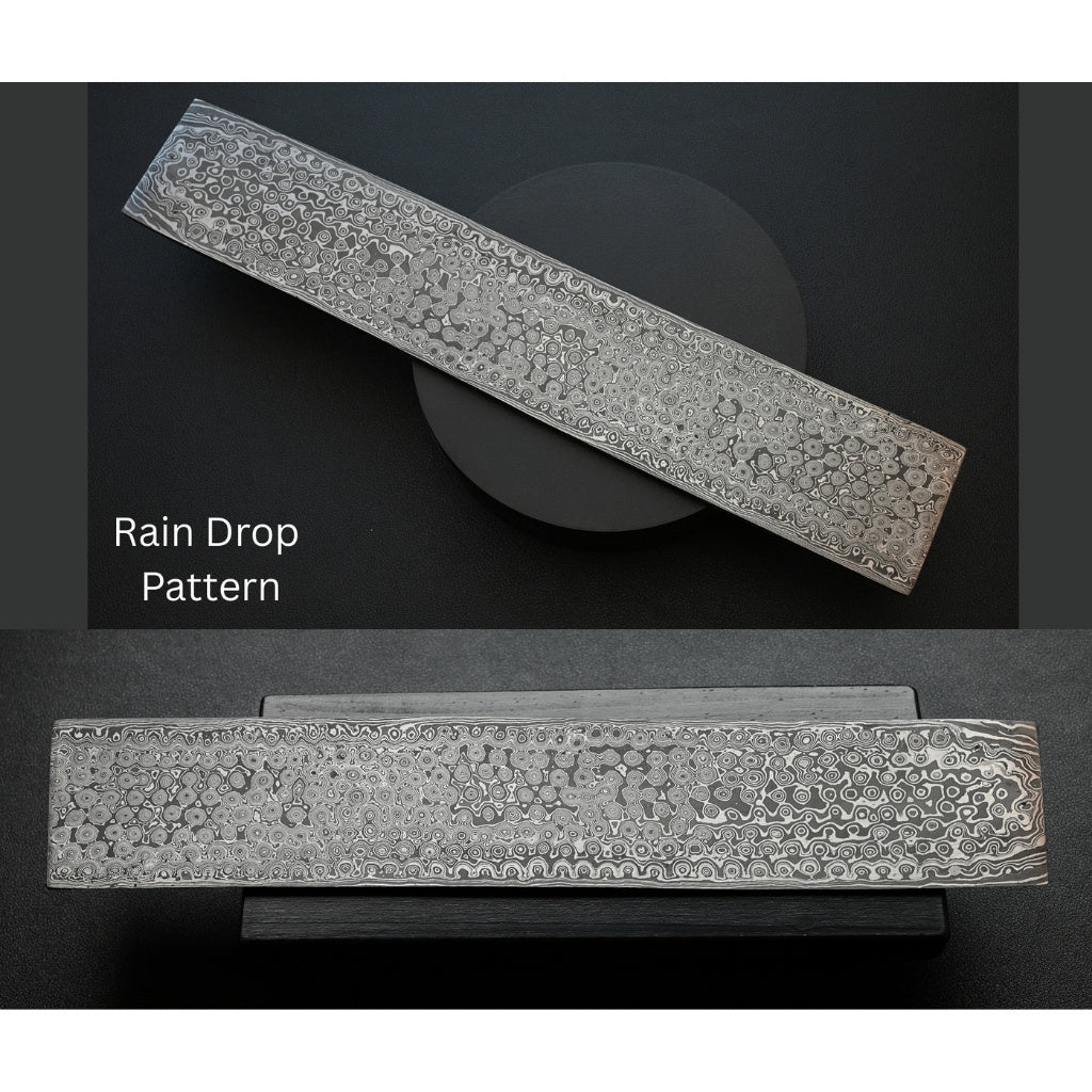 damascus metal bar with rain drop pattern on a black background