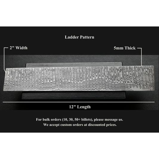 Damascus billet block with ladder pattern, dimensions labeled, on a black background