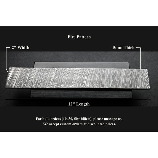 Fire billet with dimensions labeled on a black background