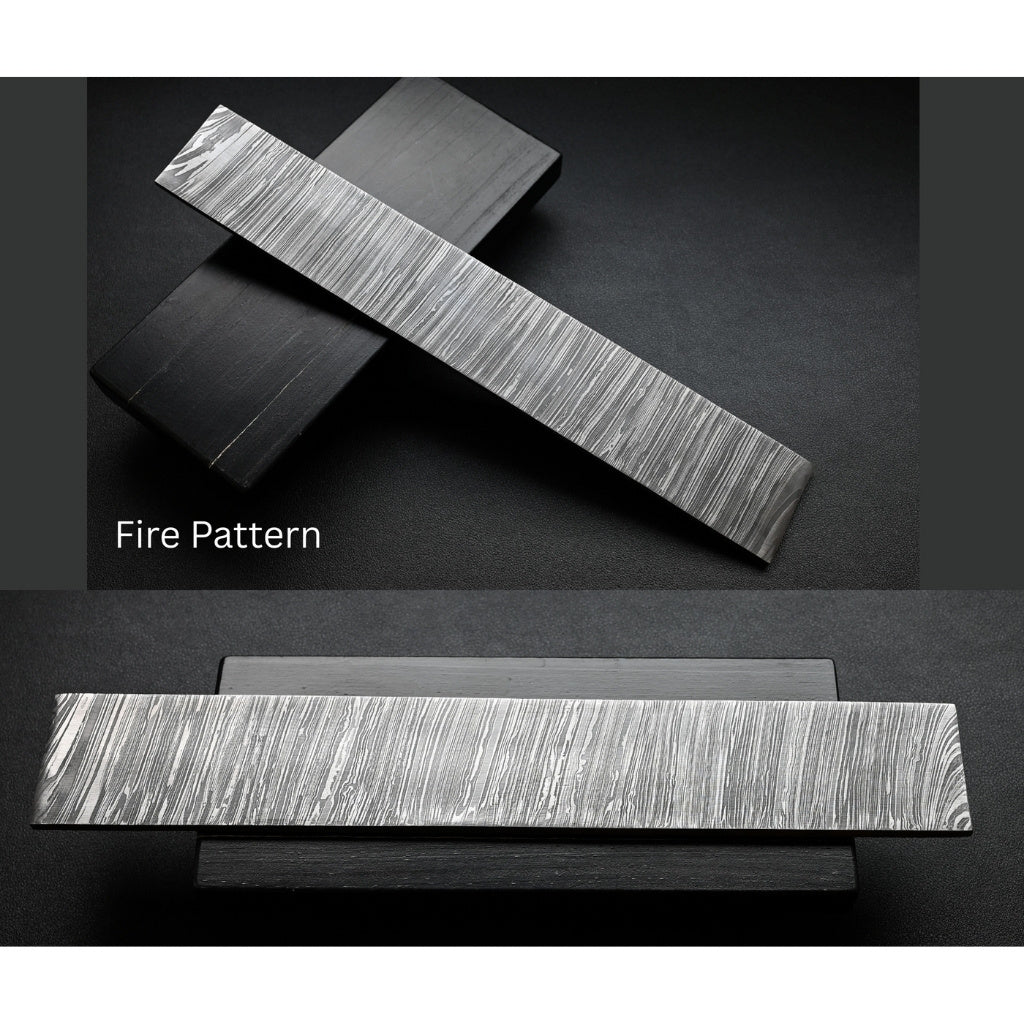 damascus metal bar with fire pattern on a black background