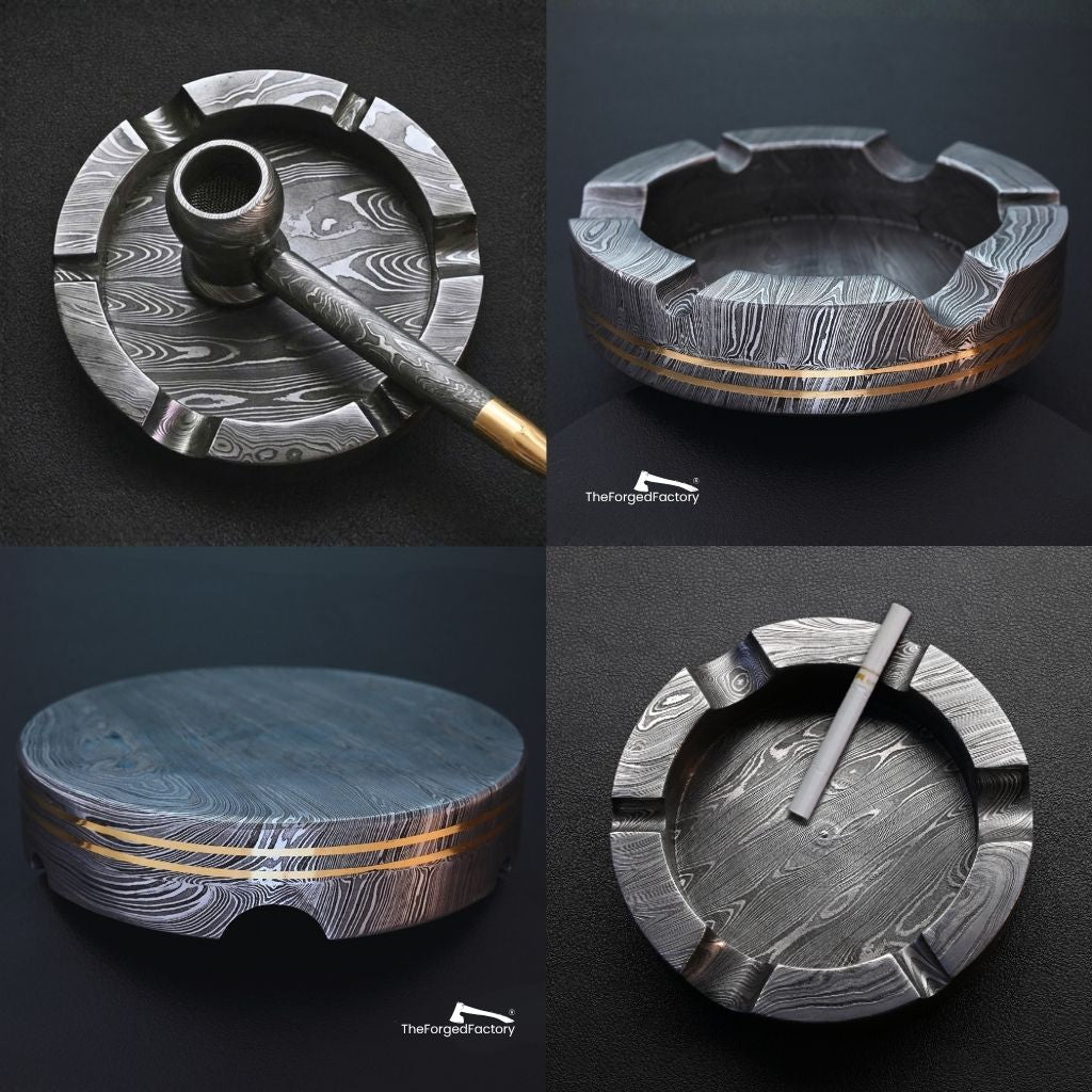 Collection of damascus steel ashtrays with a metallic finish on a dark background