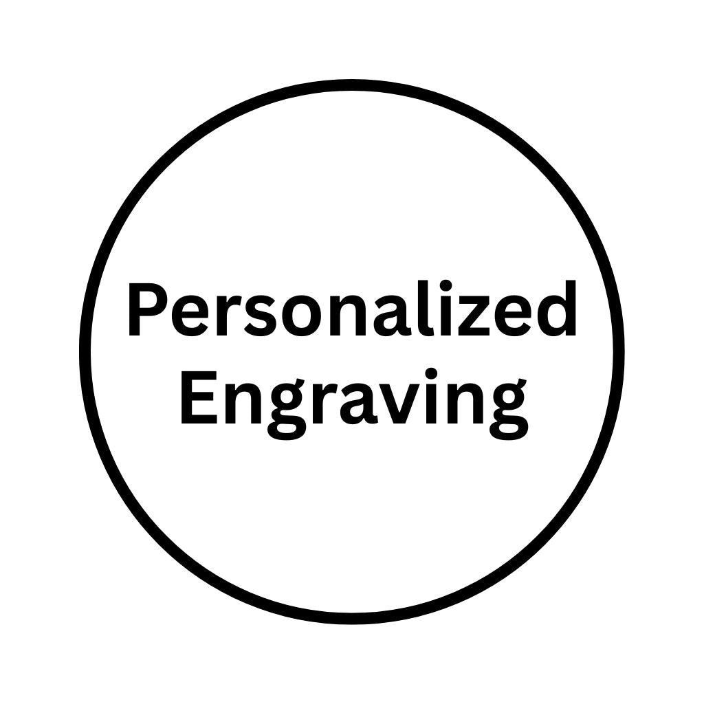 Circular label with 'PERSONALIZED ENGRAVING' text on a white background