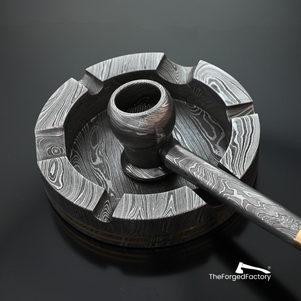 Decorative gavel with detailed handle on a dark background, branded 'The Forged Factory'.