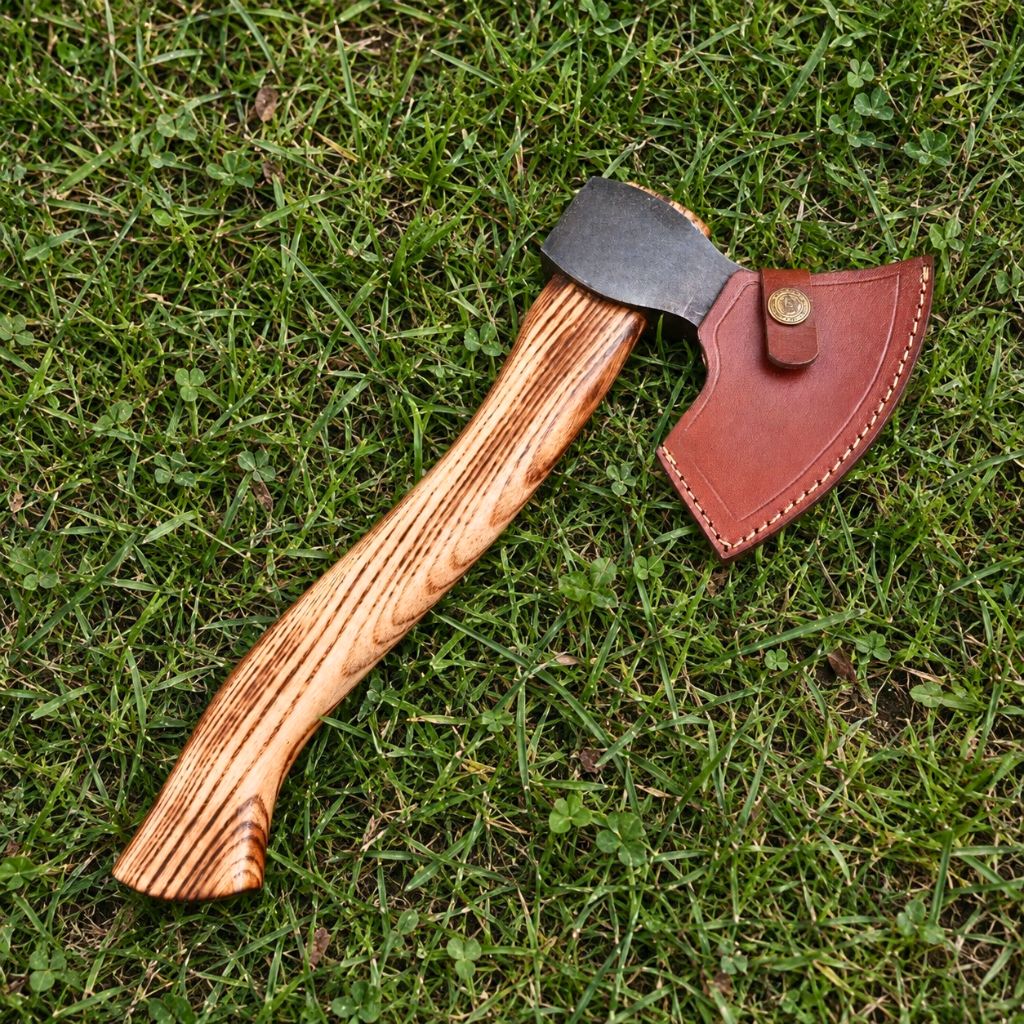 A handmade axe with a charred wood handle and a dark steel head, resting on a brown leather sheath over a green grass background.