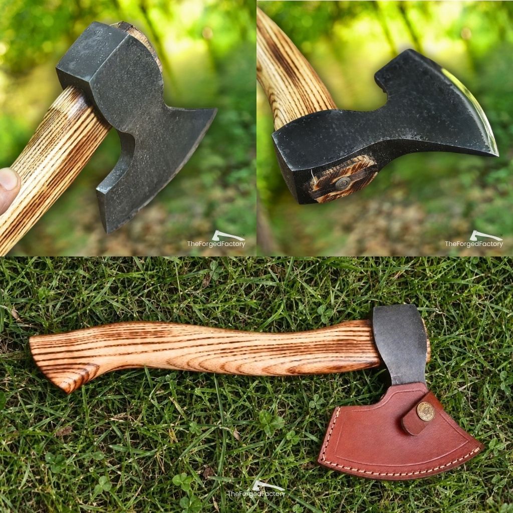A close-up collage of a hand axe/hatchet with a curved wooden handle and dark metal head, shown in three views: a hand holding part of the handle, the axe head from above, and the axe resting on grass with a brown leather sheath. The background is an outdoor grassy setting.