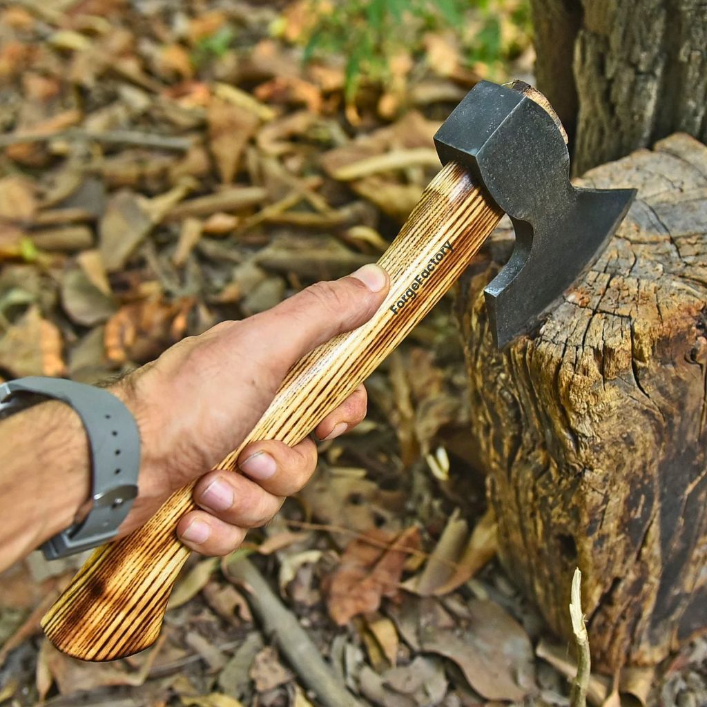 A close-up of a hand holding a brand camping hatchet with a charred wood handle and a black carbon steel head, set against an outdoor background of dry leaves and a tree stump.