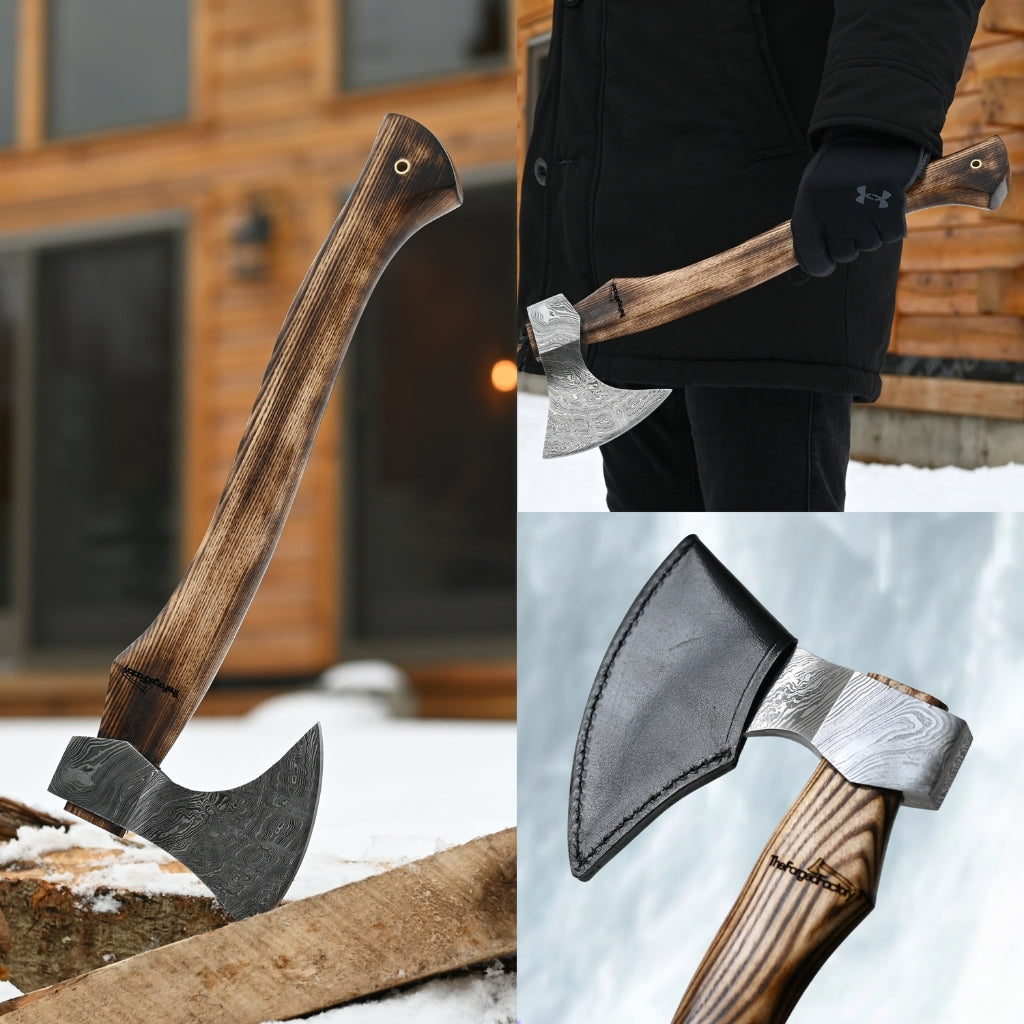 Collage of axes with wooden handles in various settings