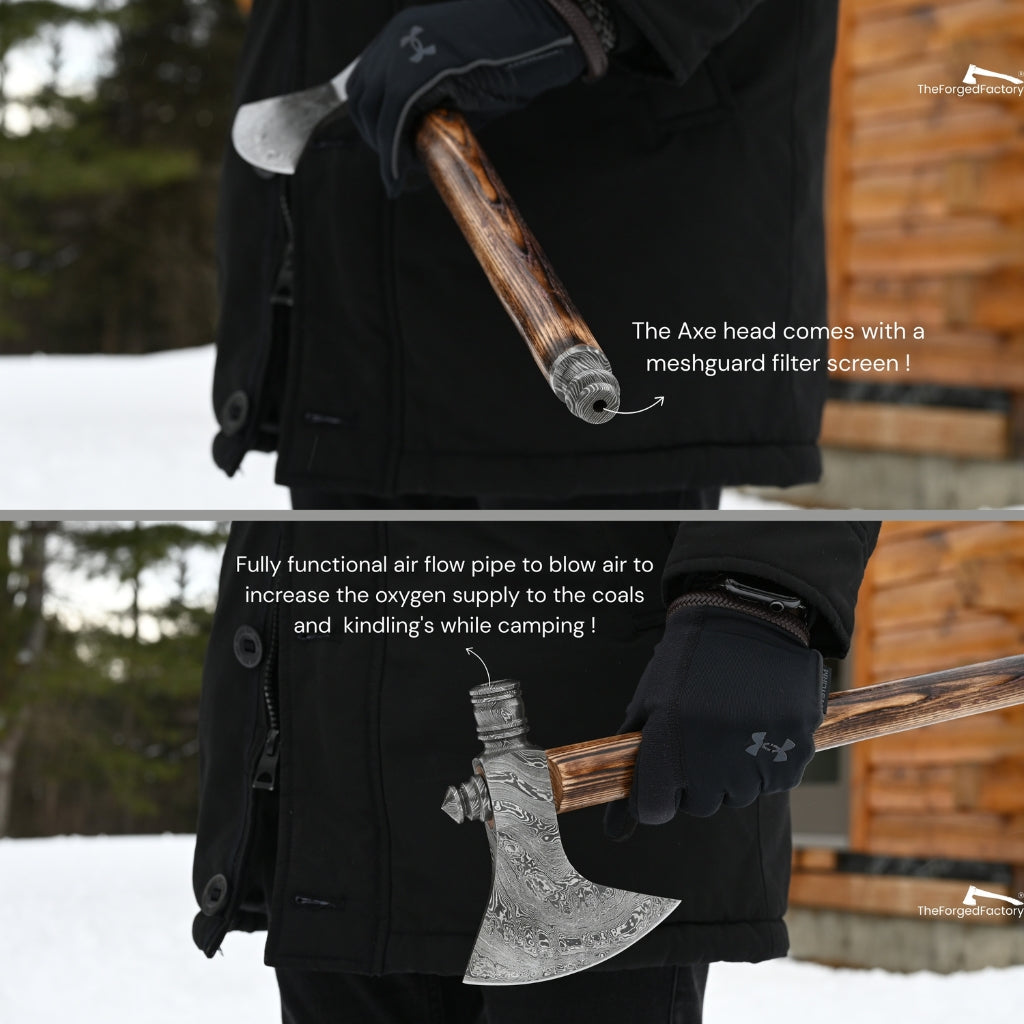 Person holding a camping axe with text about its features, set against a snowy background.