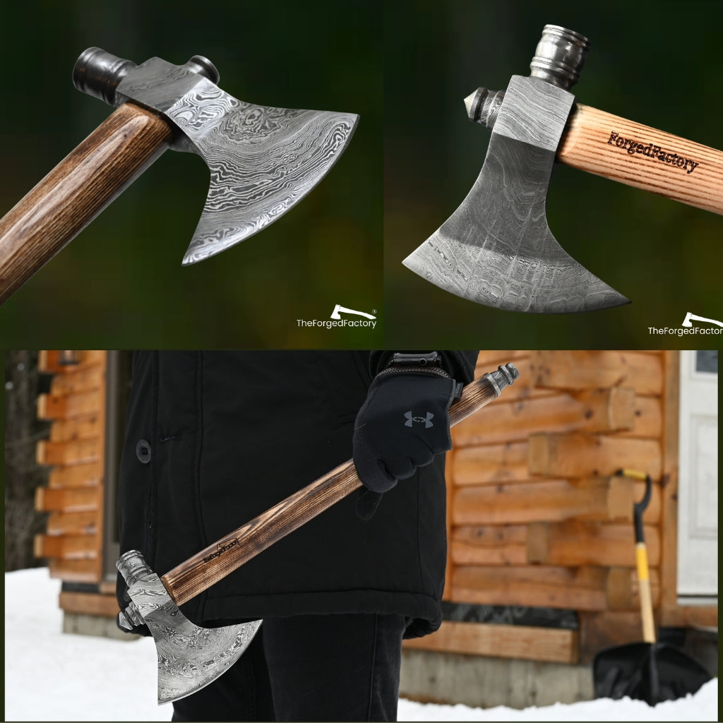Two axes with wooden handles and metal blades, one held by a person in a snowy setting.