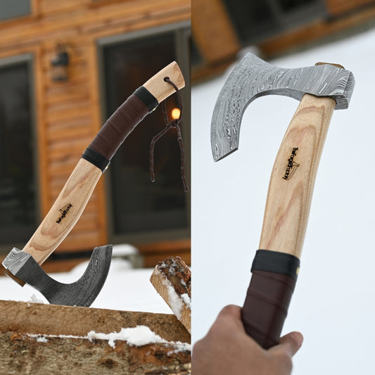 18" Handmade Viking Bearded Axe - Damascus Steel & Ash Wood Handle