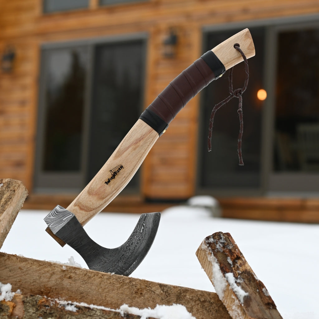18" Handmade Viking Bearded Axe - Damascus Steel & Ash Wood Handle