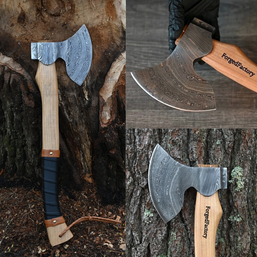 Three axes with wooden handles and metal blades on a natural background