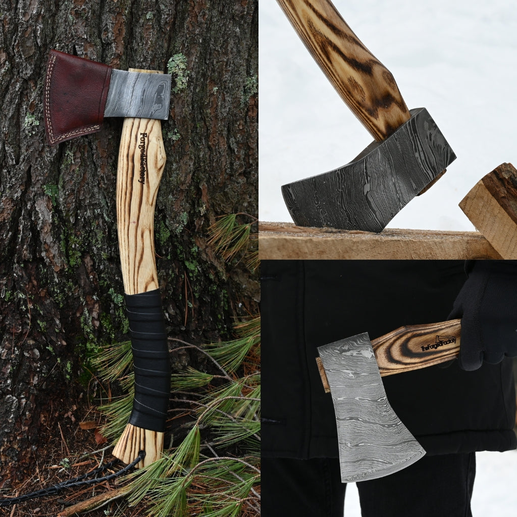 Wooden-handled axe with leather sheath against a tree, close-up of axe head, and axe held by a person.
