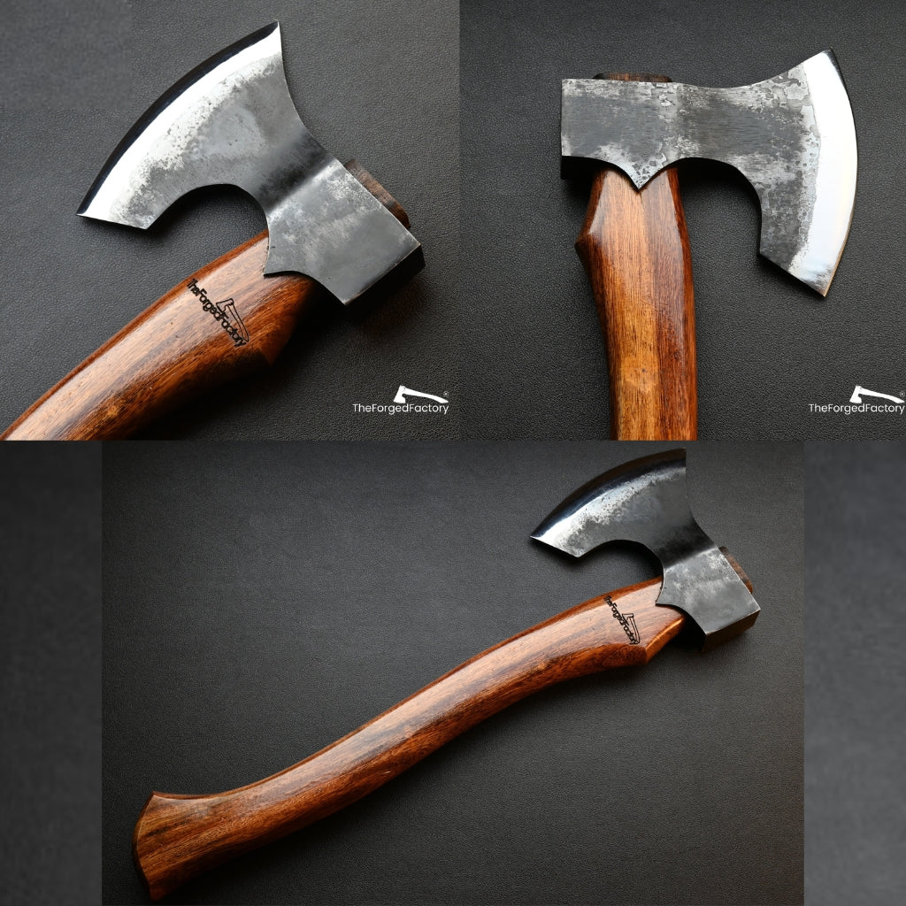 Two axes with wooden handles and metal heads on a dark background, branded 'The Forge Factory'.