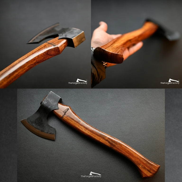 Collage of a wooden-handled axe with a dark blade and leather sheath on a dark background, featuring 'The Forged Factory' branding.