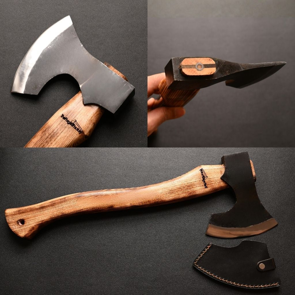 A handmade axe shown in three views on a dark background: a close-up of the blade and part of the wooden handle, a hand holding the axe head, and a full view of the axe with a black leather sheath. The product appears to be a wooden-handled axe with a dark forged steel head and black sheath.