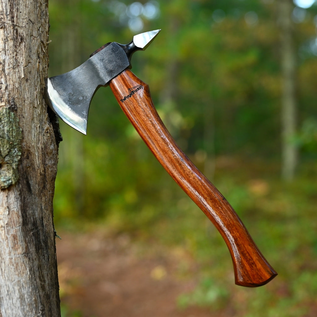 Wooden-handled axe embedded in a tree with a forest background