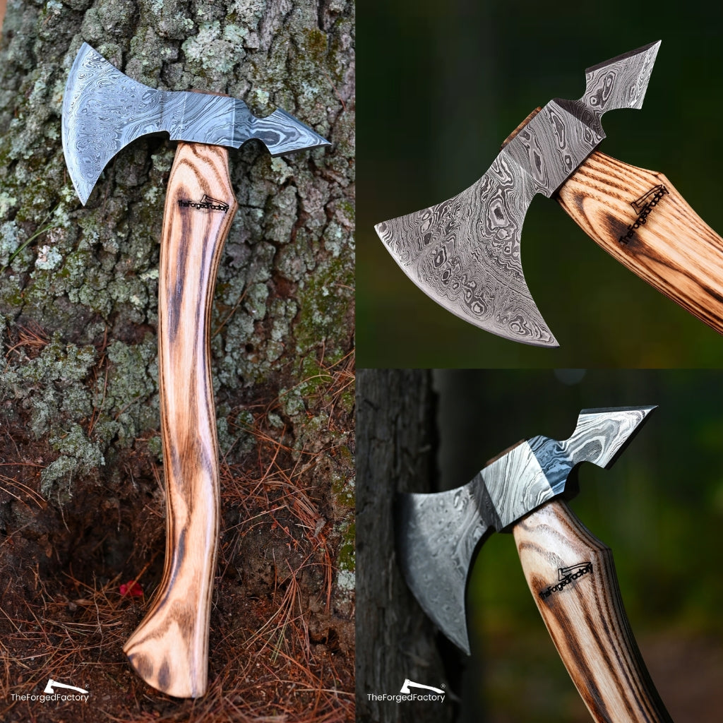 Collage of a decorative axe with wooden handle against a natural background
