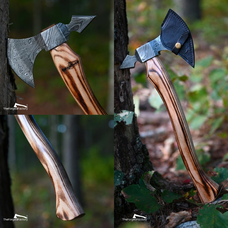 Two views of a wooden-handled axe with metal head and leather sheath against a natural background.
