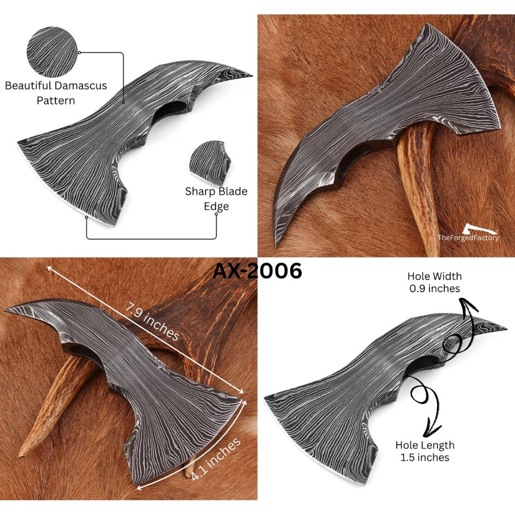 Detailed view of a Damascus-patterned knife blade with measurements and features on a wooden background.