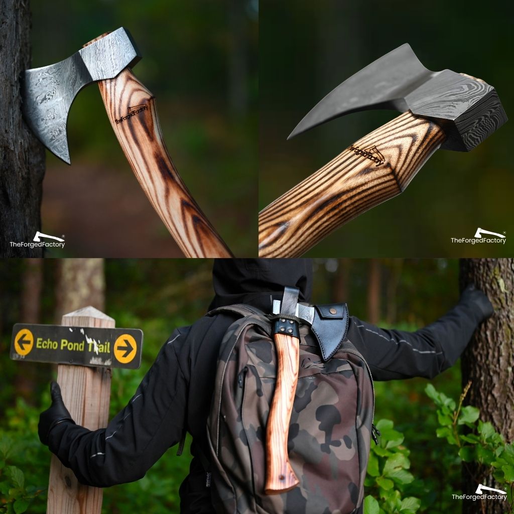 Collage of a wooden-handled axe with a metallic head, used outdoors.