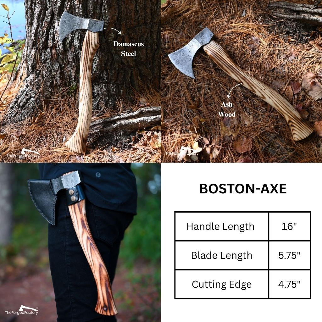 Boston axe with Damascus steel blade and ash wood handle, shown in various settings.