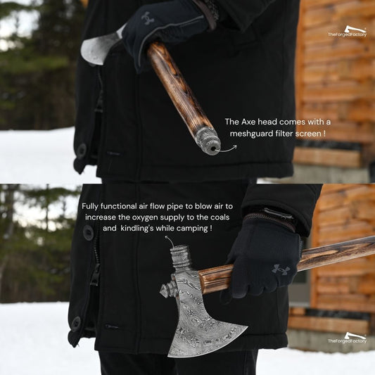 Person holding a camping axe with text about its features, set against a snowy background.