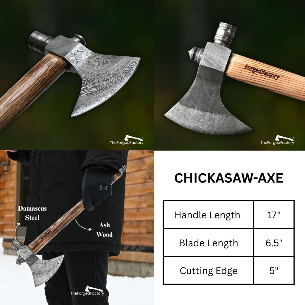 Chickasaw axe with detailed features and specifications on a dark background