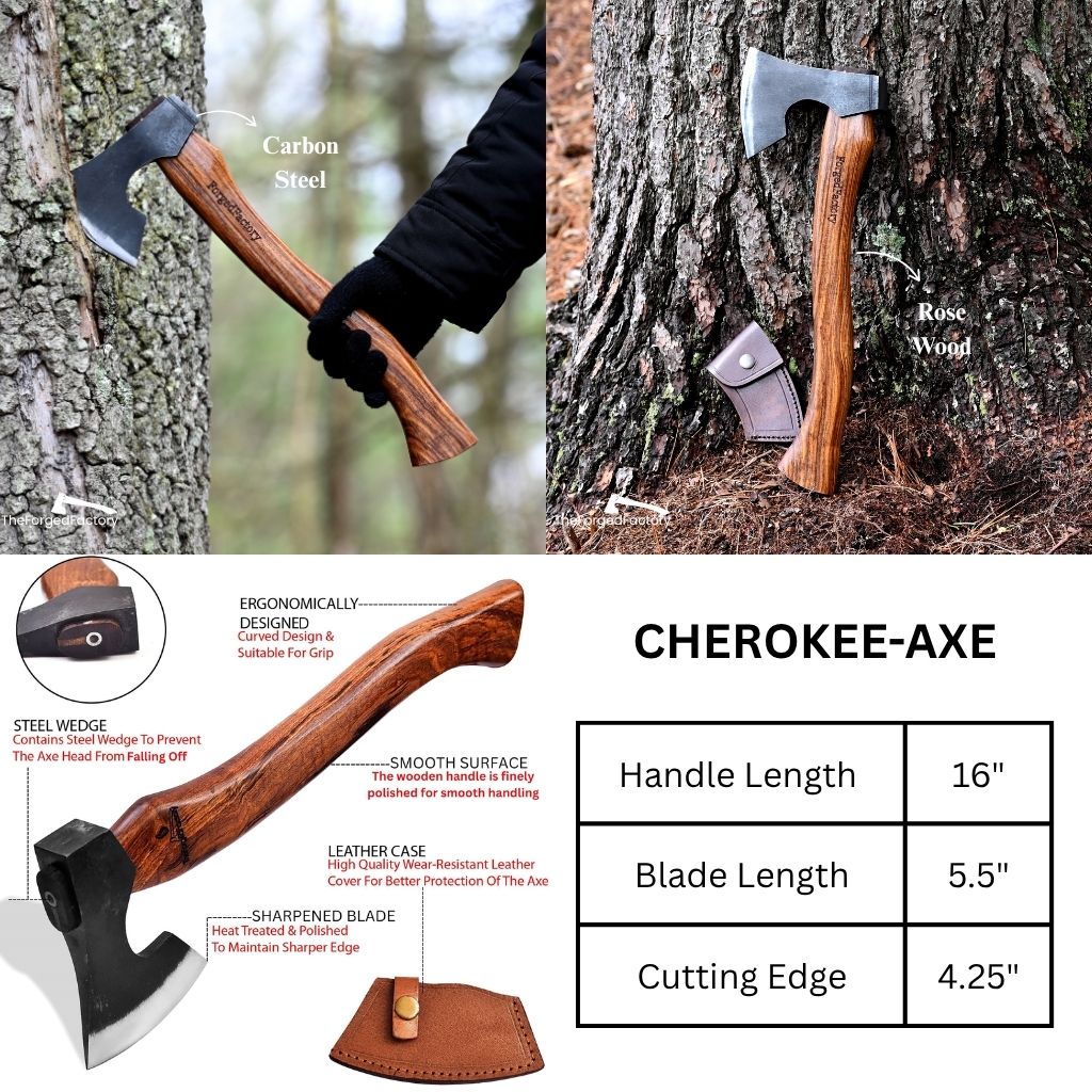 Collage of a Cherokee axe with details on handle length, blade length, and cutting edge.