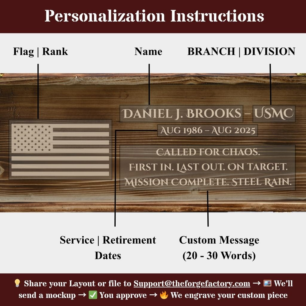 Wooden plaque with engraved text and American flag, labeled for customization.