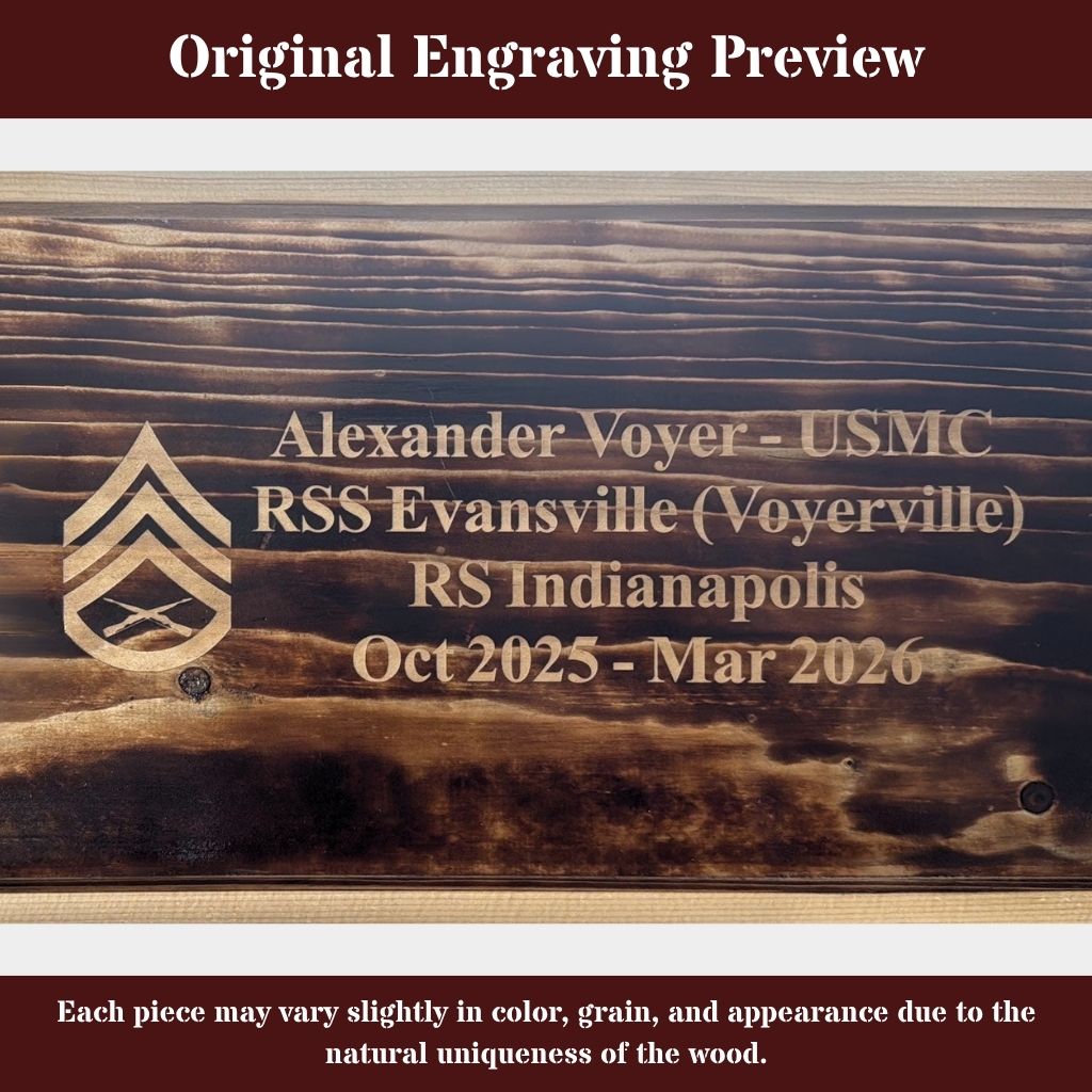 Wooden plaque with engraved text and insignia, featuring a military uniform rank symbol.