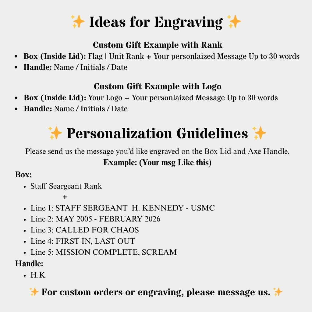 Instructions for engraving custom gifts with rank and logo examples on a white background.