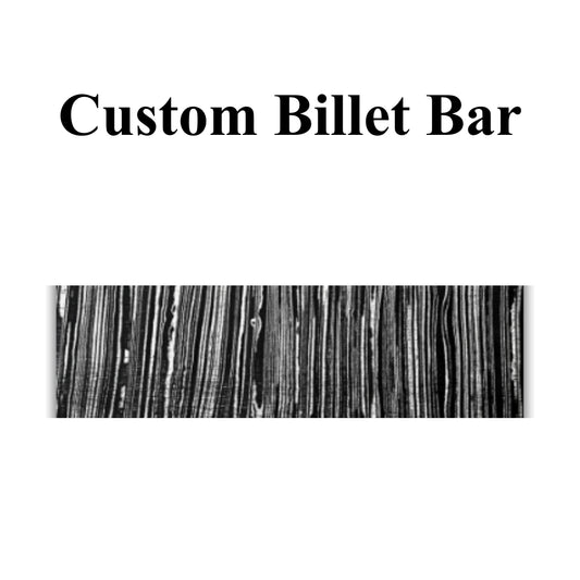 Text 'Custom Billet Bar' with a close-up of a metal bar's texture on a white background