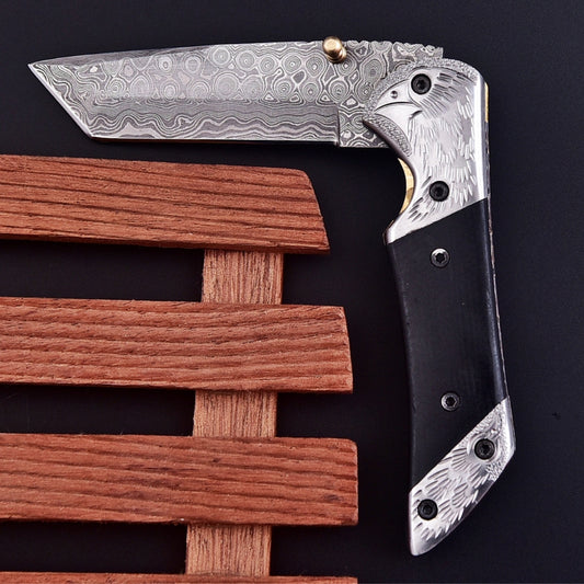 7.5" Folding Pocket Knife | Damascus Steel | Black Handle