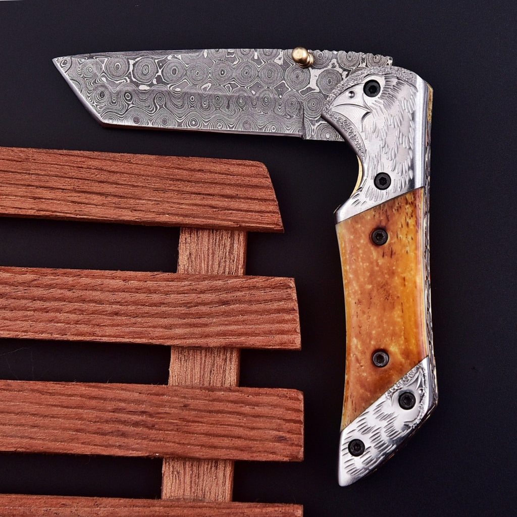 7.5" Folding Pocket Knife | Damascus Steel | Bone Handle