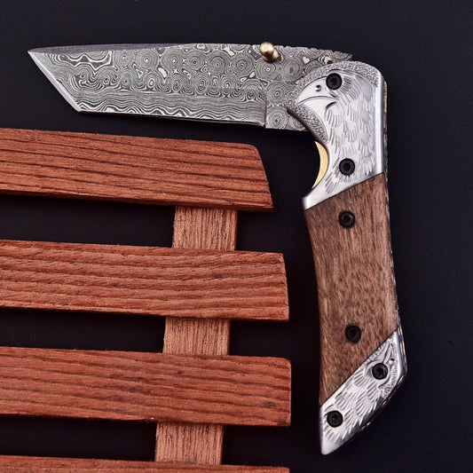 7.5" Folding Pocket Knife | Damascus Steel | Walnut Wood Handle