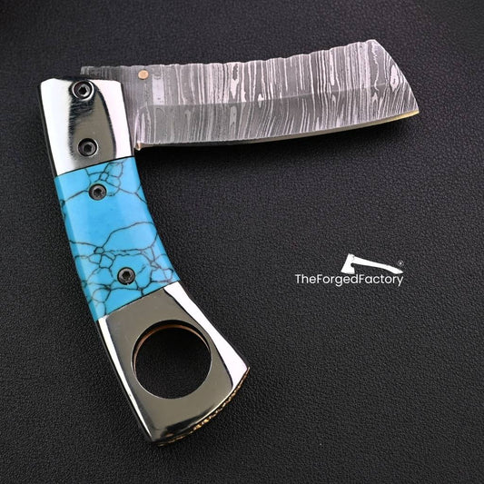 7.5-inch damascus steel folding pocket cigar cutter knife with turquoise blue handle on black background  