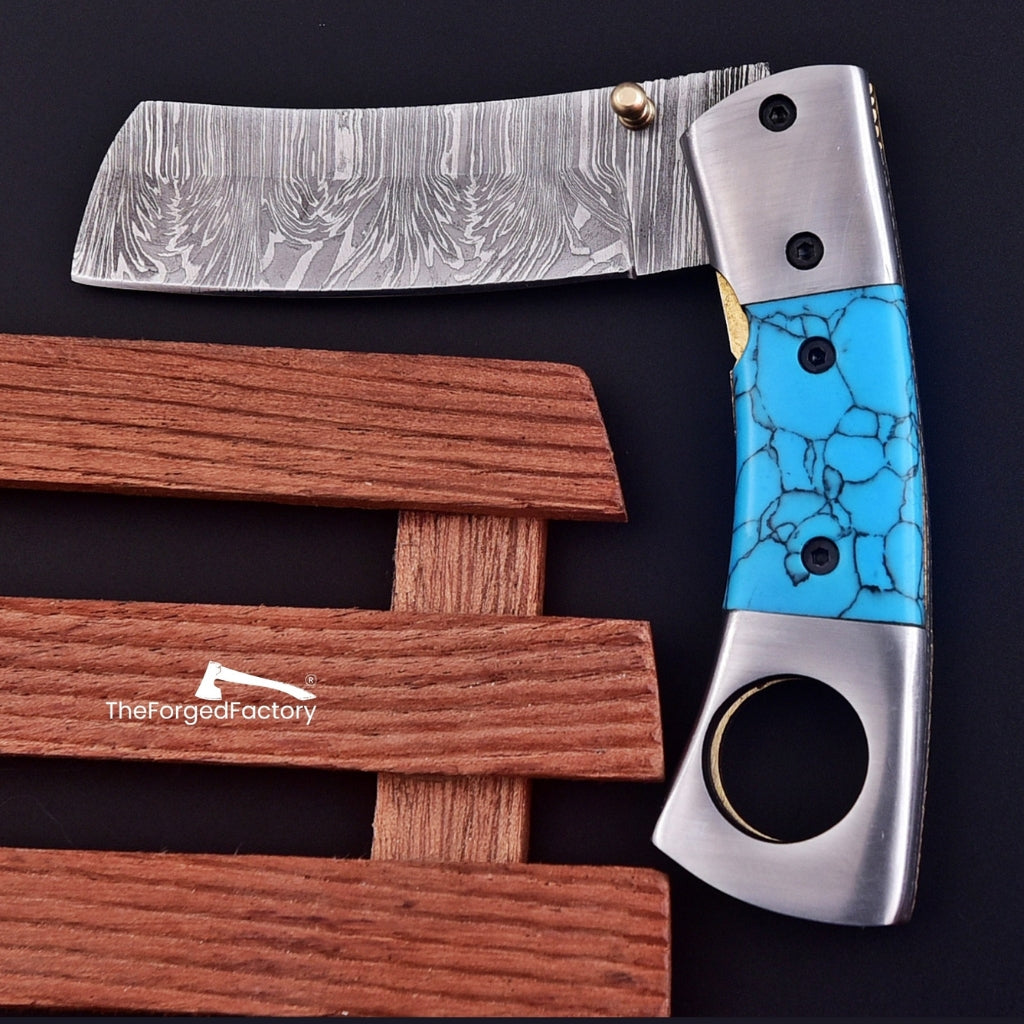 7.5" Folding Cigar Cutter | Damascus Steel | Turquoise Blue Handle