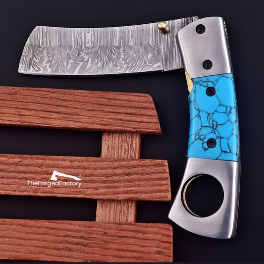 7.5" Folding Cigar Cutter | Damascus Steel | Turquoise Blue Handle